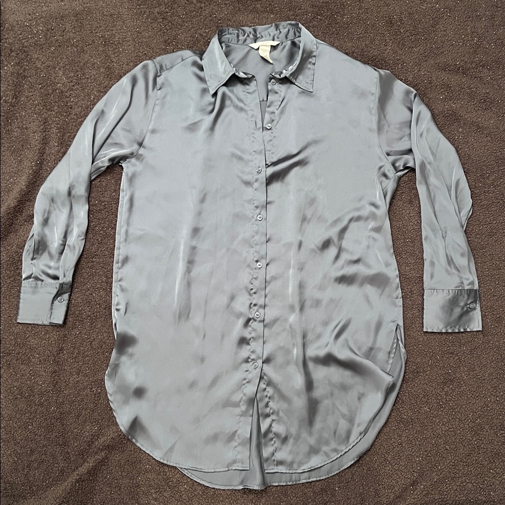 H&M Silky, extra long blue gray button down shirt loungewear, beach cover-up